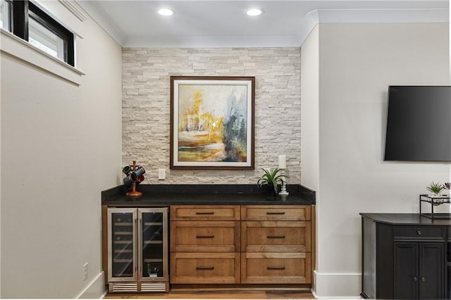 284 Hook St, Alpharetta, GA 30009 - indoor dry bar with beverage cooler, baseboards, recessed lighting, and ornamental molding