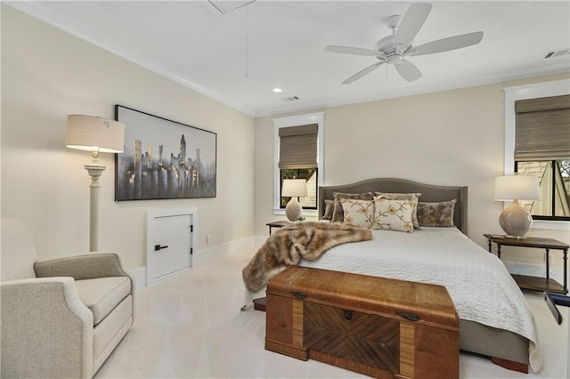 284 Hook St, Alpharetta, GA 30009 - carpeted bedroom with attic access, multiple windows, recessed lighting, baseboards, and ceiling fan