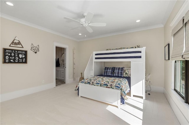 284 Hook St, Alpharetta, GA 30009 - carpeted bedroom featuring recessed lighting, crown molding, connected bathroom, ceiling fan, and baseboards
