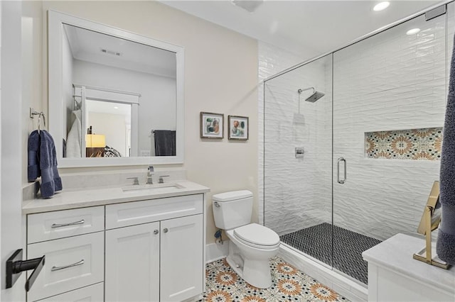 284 Hook St, Alpharetta, GA 30009 - bathroom with toilet, vanity, tile patterned floors, a shower stall, and recessed lighting