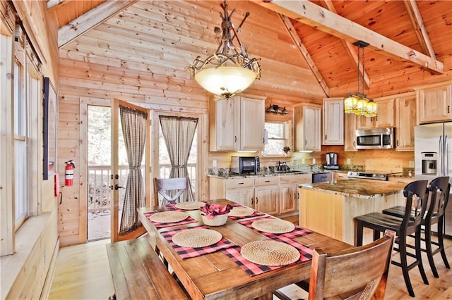 dining area with high vaulted ceiling, wood walls, wood ceiling, light wood-style floors, and beamed ceiling