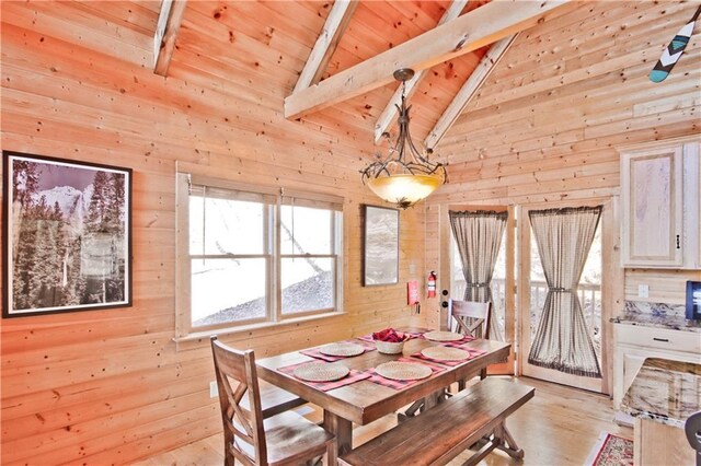 dining space with light wood-type flooring, beam ceiling, wooden ceiling, and wooden walls