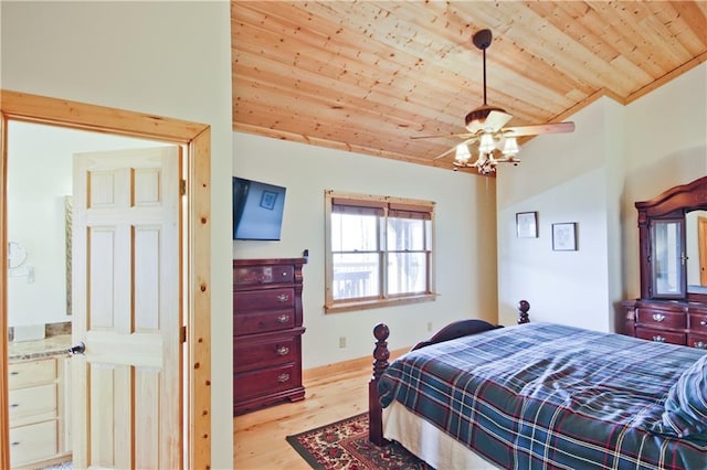 bedroom featuring lofted ceiling, wooden ceiling, wood finished floors, a ceiling fan, and baseboards