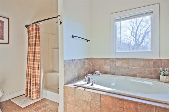 full bathroom featuring a relaxing tiled tub, curtained shower, tile patterned flooring, and toilet