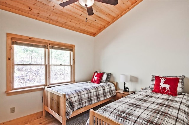 bedroom with a ceiling fan, lofted ceiling, wood ceiling, and wood finished floors