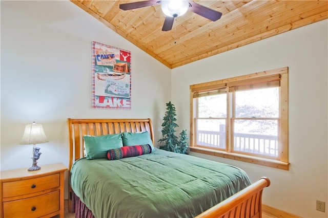 bedroom featuring vaulted ceiling, wooden ceiling, and a ceiling fan