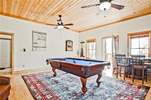 recreation room featuring billiards, visible vents, a ceiling fan, hardwood / wood-style flooring, and wood ceiling