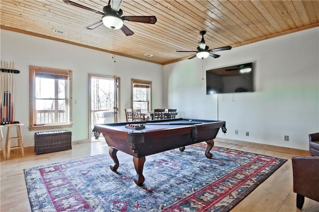 playroom with billiards, wood finished floors, wood ceiling, and a healthy amount of sunlight