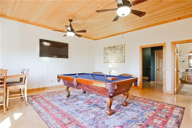 game room featuring ceiling fan, wood finished floors, billiards, wood ceiling, and baseboards