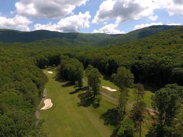 birds eye view of property with a mountain view and a forest view