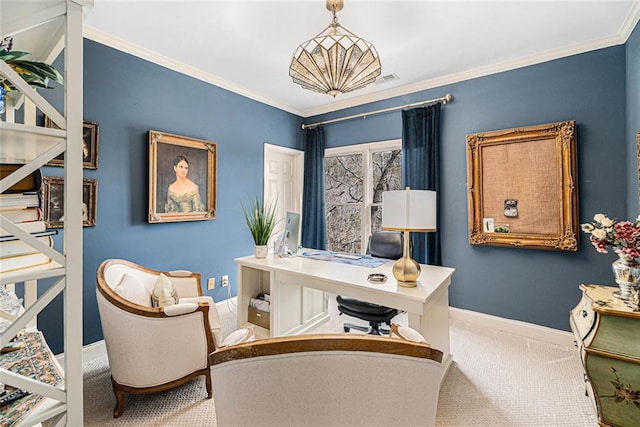 office area with crown molding and carpet flooring