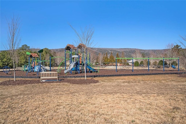 view of play area featuring a mountain view