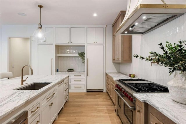 kitchen featuring white cabinetry, sink, light hardwood / wood-style flooring, range hood, and high end appliances