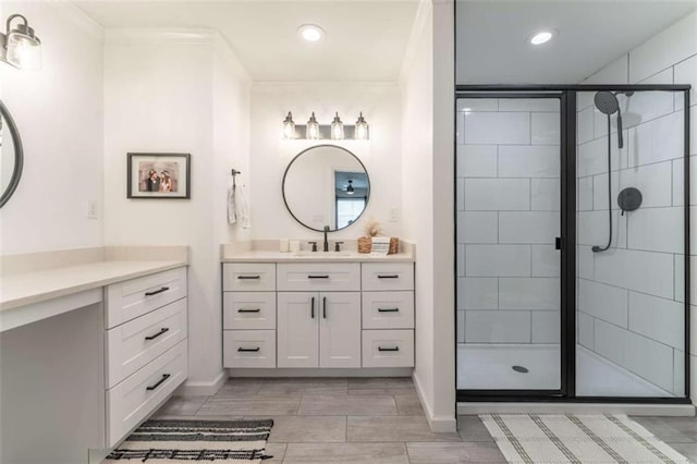 361 Princeton Way, Lawrenceville, GA 30044 - bathroom featuring a stall shower, vanity, crown molding, and recessed lighting