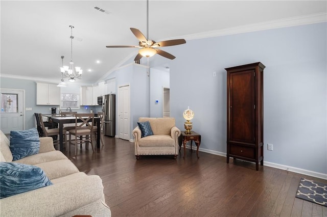 541 Mulberry Cir, Jasper, GA 30143 - living room featuring vaulted ceiling, ceiling fan, dark hardwood / wood-style floors, and ornamental molding