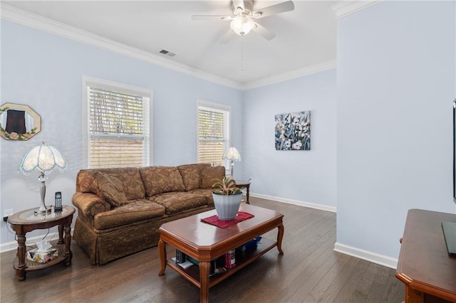 541 Mulberry Cir, Jasper, GA 30143 - living room with ceiling fan, crown molding, and dark hardwood / wood-style flooring