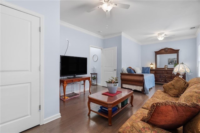 541 Mulberry Cir, Jasper, GA 30143 - living room featuring ceiling fan, ornamental molding, and dark wood-type flooring