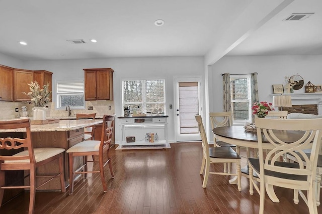 kitchen featuring tasteful backsplash, sink, light stone counters, and dark wood-type flooring