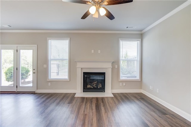 2378 Morgan Creek Rd, Buford, GA 30519 - unfurnished living room with dark wood-style floors, a glass covered fireplace, a ceiling fan, and ornamental molding