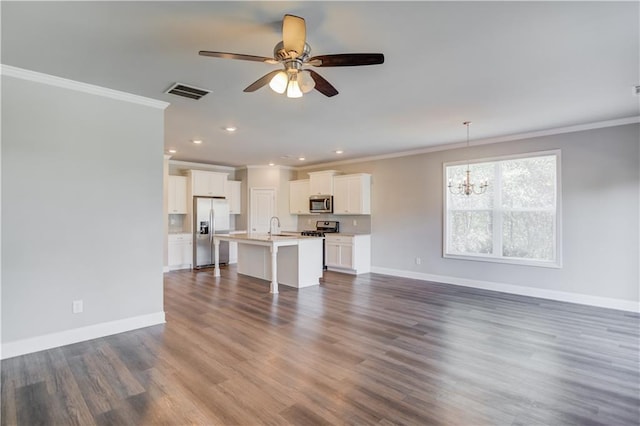 2378 Morgan Creek Rd, Buford, GA 30519 - unfurnished living room with ornamental molding, a chandelier, ceiling fan, recessed lighting, and dark wood finished floors