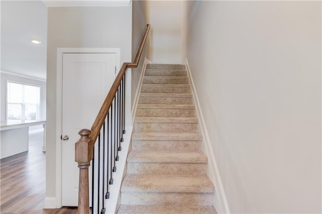 2378 Morgan Creek Rd, Buford, GA 30519 - stairway with crown molding and wood finished floors