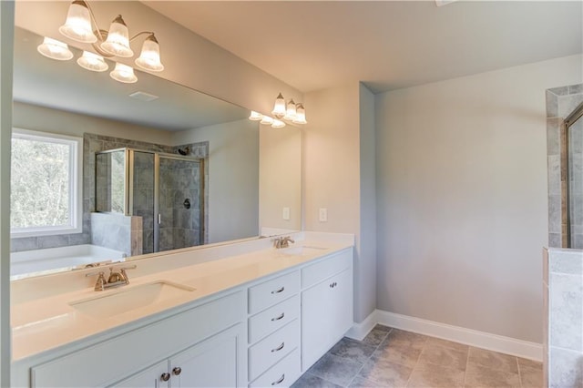 2378 Morgan Creek Rd, Buford, GA 30519 - full bath with a shower stall, double vanity, a bath, a chandelier, and tile patterned floors