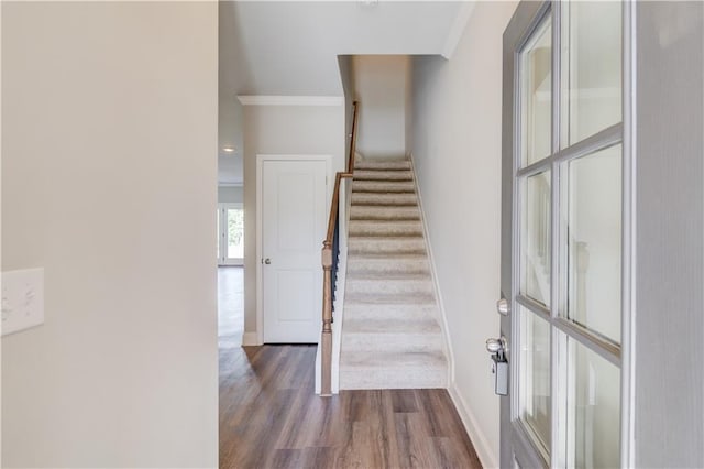 2378 Morgan Creek Rd, Buford, GA 30519 - entryway featuring dark wood-style floors, crown molding, and stairway