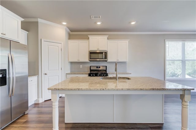 2378 Morgan Creek Rd, Buford, GA 30519 - kitchen featuring stainless steel appliances, ornamental molding, dark wood-type flooring, white cabinetry, and light stone counters