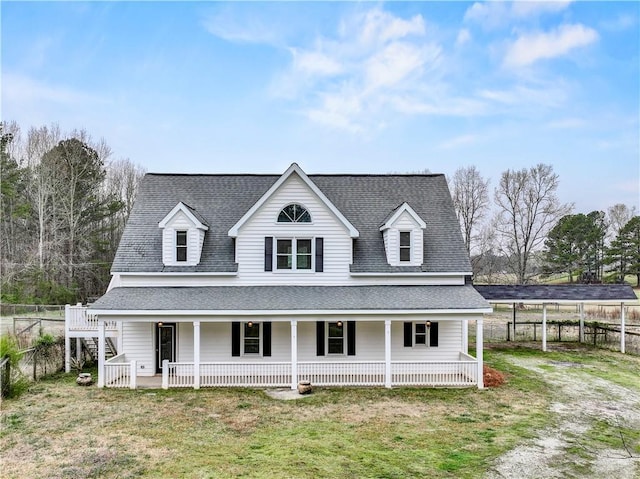 view of front of home featuring a porch, roof with shingles, dirt driveway, and fence