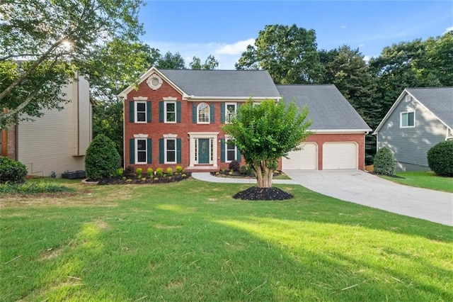179 Hunters Crk, Dallas, GA 30157 - colonial home with a garage, concrete driveway, a front lawn, and brick siding