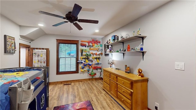 bedroom with light wood finished floors, baseboards, a ceiling fan, and recessed lighting