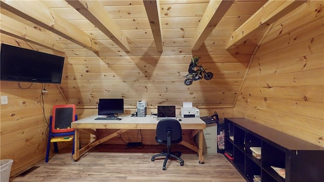 unfurnished office with wood ceiling, light wood-style floors, beam ceiling, and wooden walls