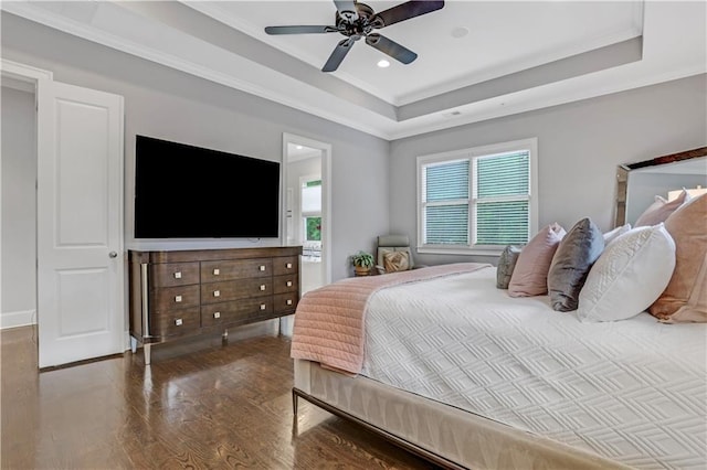 4550 Lois St SE, Smyrna, GA 30080 - bedroom featuring wood finished floors, a raised ceiling, recessed lighting, crown molding, and a ceiling fan