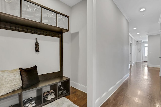 4550 Lois St SE, Smyrna, GA 30080 - mudroom featuring ornamental molding, baseboards, wood finished floors, and recessed lighting