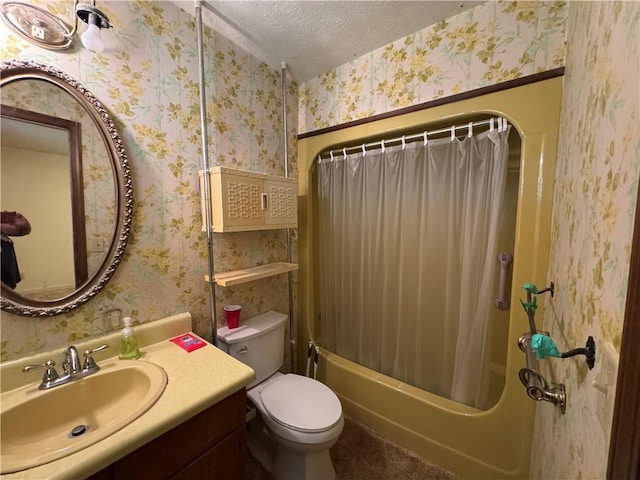 full bathroom featuring vanity, shower / bath combination with curtain, toilet, wallpapered walls, and a textured ceiling
