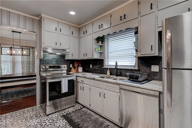 kitchen featuring decorative backsplash, white cabinetry, sink, and appliances with stainless steel finishes