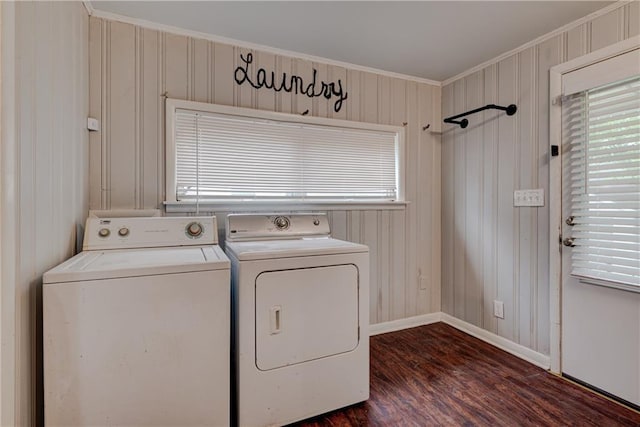 laundry room with washer and dryer, crown molding, and dark wood-type flooring