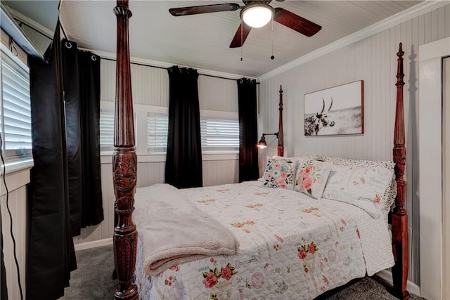 bedroom with carpet flooring, multiple windows, ceiling fan, and crown molding