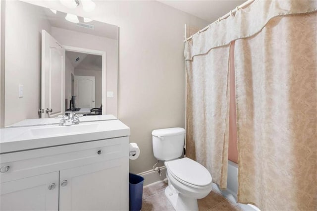 full bathroom featuring tile patterned floors, toilet, vanity, shower / bathtub combination with curtain, and visible vents