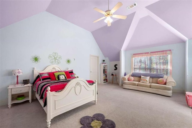carpeted bedroom featuring high vaulted ceiling, ceiling fan, and visible vents