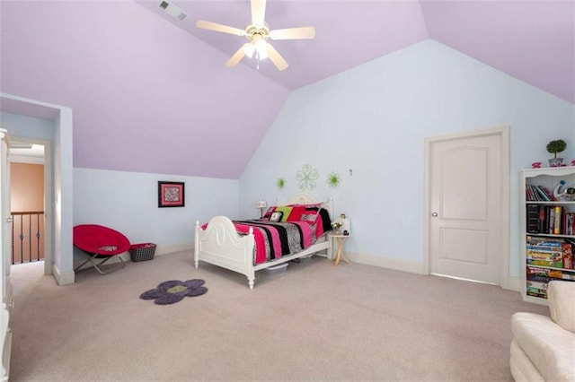 carpeted bedroom featuring baseboards, visible vents, lofted ceiling, and a ceiling fan