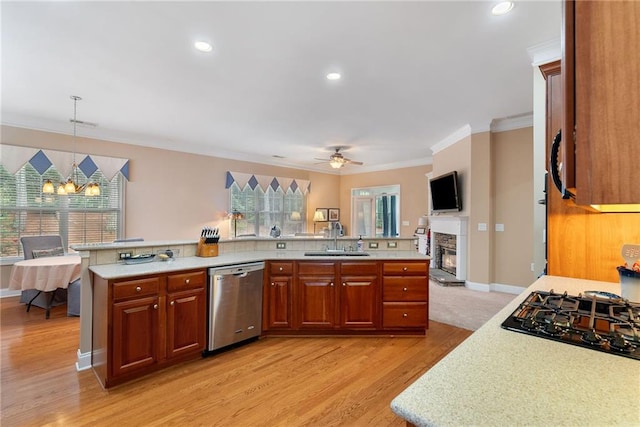 6355 Marlow Dr, Cumming, GA 30041 - kitchen featuring a sink, light wood-type flooring, a glass covered fireplace, dishwasher, and ornamental molding