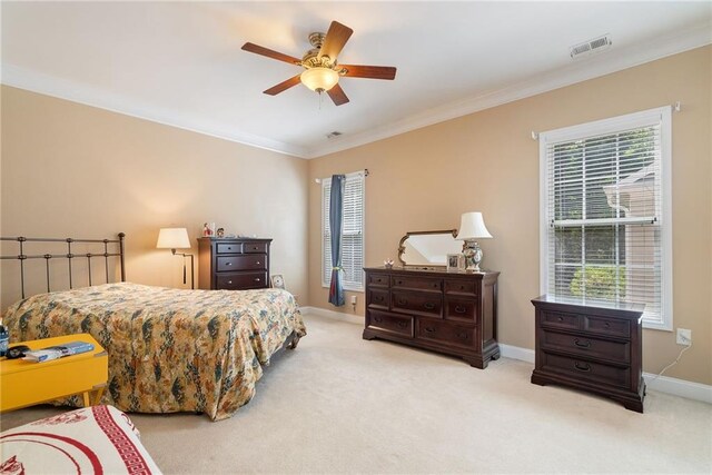 6355 Marlow Dr, Cumming, GA 30041 - bedroom featuring baseboards, visible vents, carpet, a ceiling fan, and crown molding