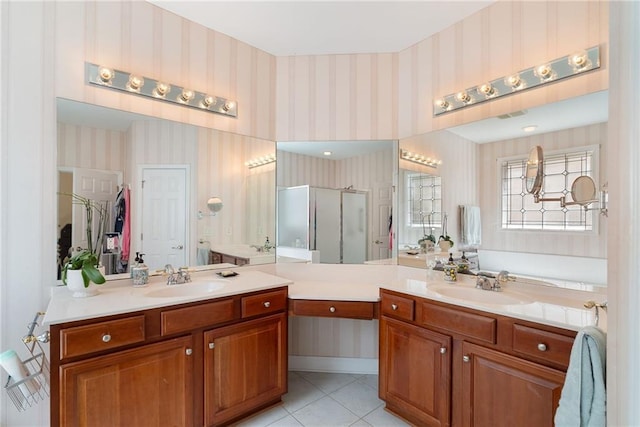 6355 Marlow Dr, Cumming, GA 30041 - bathroom featuring wallpapered walls, vanity, tile patterned flooring, and a stall shower