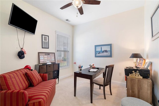 6355 Marlow Dr, Cumming, GA 30041 - office area featuring light carpet, baseboards, visible vents, and ceiling fan