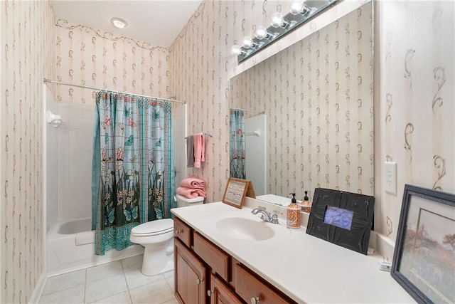 6355 Marlow Dr, Cumming, GA 30041 - full bath with wallpapered walls, tile patterned flooring, shower / bathtub combination with curtain, and toilet