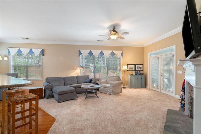 6355 Marlow Dr, Cumming, GA 30041 - living area featuring a ceiling fan, a healthy amount of sunlight, a fireplace, and crown molding