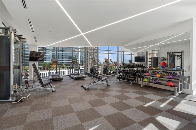 exercise room with visible vents and floor to ceiling windows