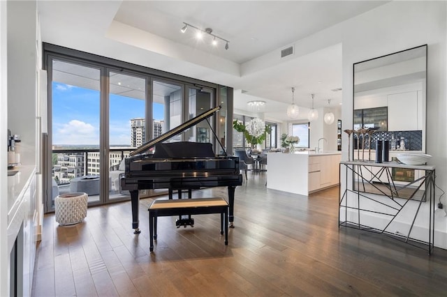 sitting room featuring dark wood finished floors, a tray ceiling, visible vents, and a wealth of natural light