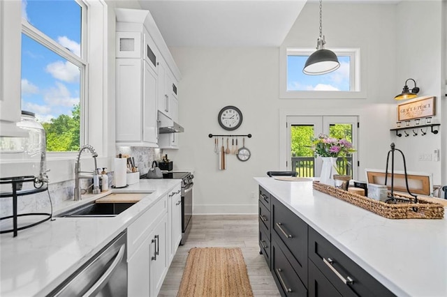 4791 Talona Rd, Talking Rock, GA 30175 - kitchen with a sink, appliances with stainless steel finishes, under cabinet range hood, dark cabinetry, and white cabinets